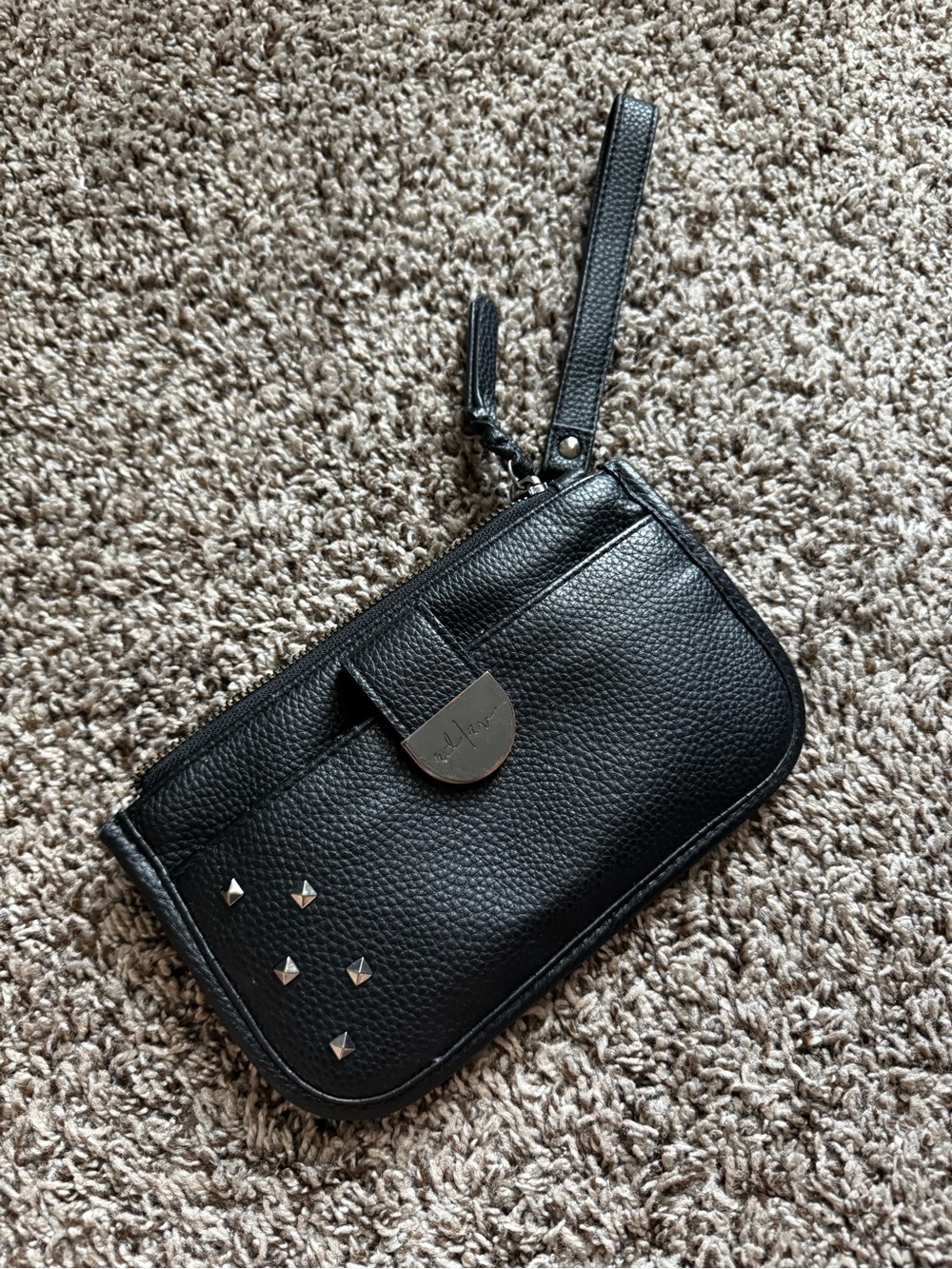 Black Leather Wristlet Wallet with Stud Detail